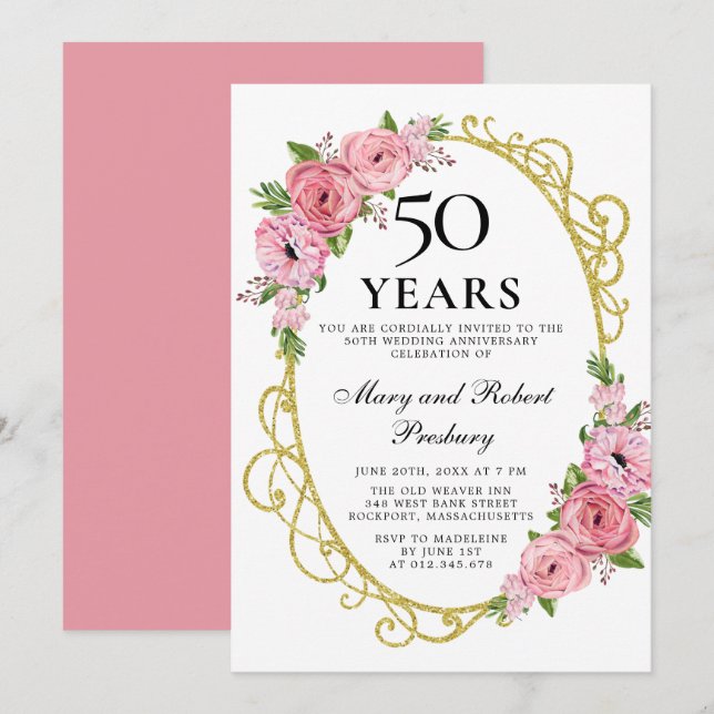 Elegant 50-årsjubileum Rosa Ros Blommig Inbjudan (Fram/baksida)