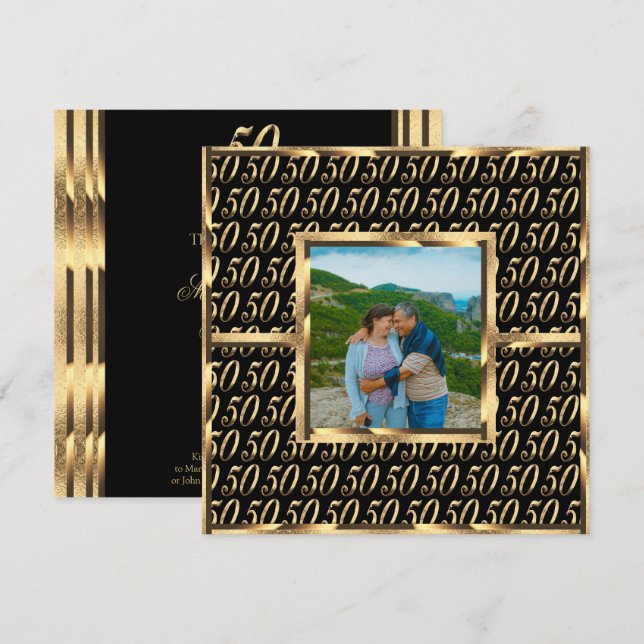 Elegant 50-årsjubileum svart och guld inbjudningar (Fram/baksida)