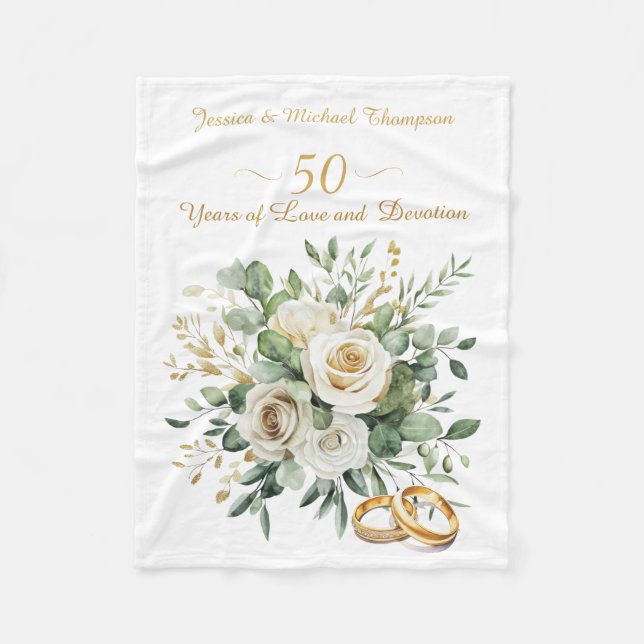 Elegant 50-årsjubileum Vit ros Guld Ringar Fleecefilt (Framsidan)