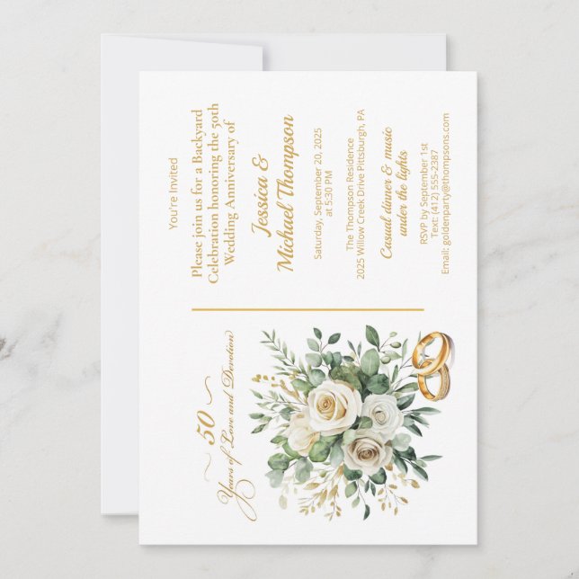 Elegant 50-årsjubileum Vita Rosor Guldringar Inbjudningar (Framsida)