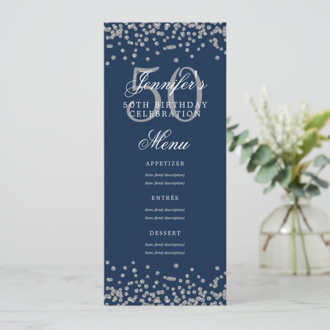 Elegant 50 Birthday Menu Silver Navy Blue Confetti Inbjudningar (Stående Fram)