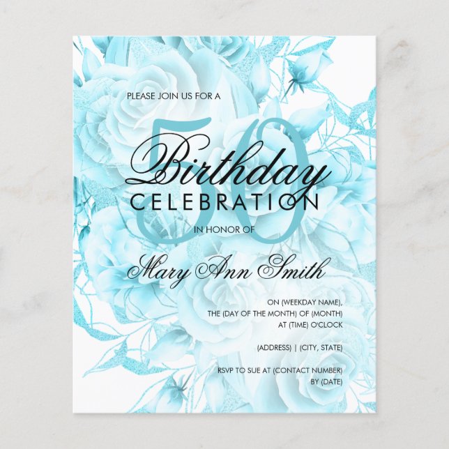 Elegant 50: Blommigten Teal White Inbjudan (Framsida)