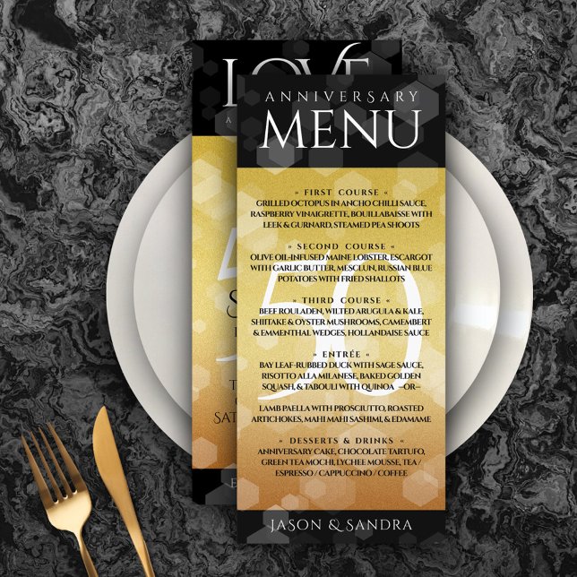 Elegant 50:e årsdagen av Golden Bröllop Meny (Elegant 50th Golden Wedding Anniversary Menu Rack Card Cover Photo.)