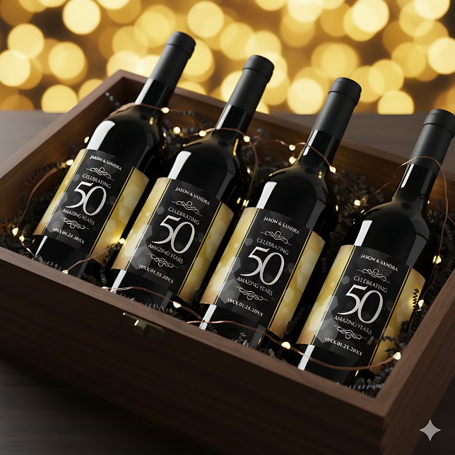 Elegant 50:e årsdagen av Golden Bröllop Vinflaska Etikett (50th Golden Wedding Anniversary Wine/Liquor Bottle Drink Labels Cover Photo)