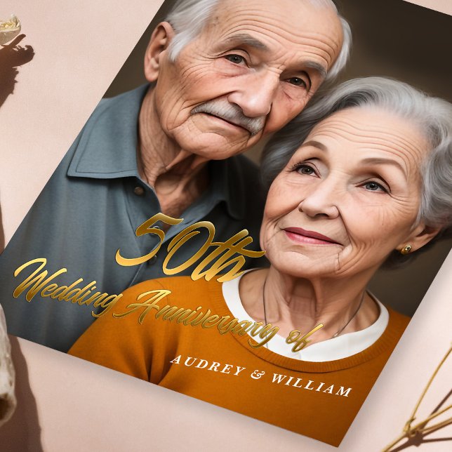 Elegant 50:e Bröllop-årsdagen : 3D Guld-skript Inbjudningar (Elegant 50th Wedding Anniversary 3D Gold Script Invitation)