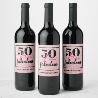 Elegant 50:e födelsedag 50 & Fabulous Rosa Glitter Vinflaska Etikett