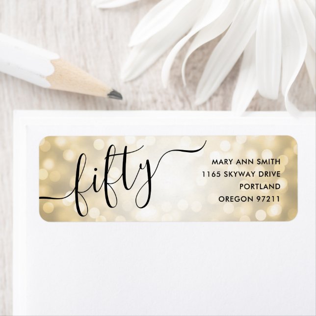 Elegant 50:e födelsedag Guld Glitter Ljus Returadress Etikett (Insitu)