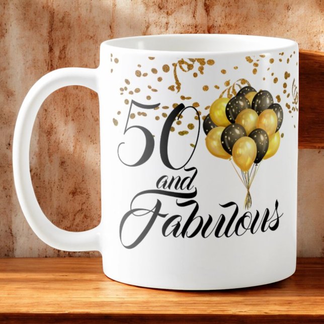 Elegant 50:e födelsedag Guld Konfetti svart typ Kaffemugg (Birthday design on both sides of the mug handle. )