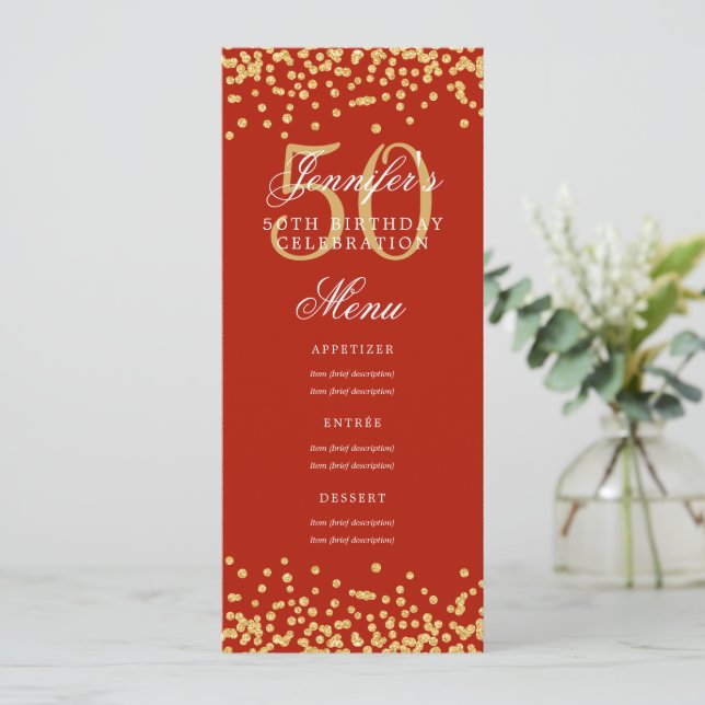 Elegant 50:e födelsedag Menu Guld Red Confetti Inbjudningar (Stående Fram)