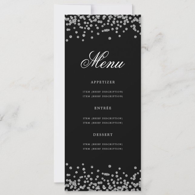 Elegant 50:e födelsedag Menu Silver Black Confetti Inbjudningar (Baksida)