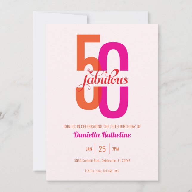 Elegant 50:e födelsedag och Rosa för Orange Inbjudningar (Framsida)