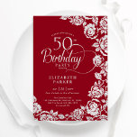 Elegant 50:e födelsedag Röda Silver Ro Inbjudningar<br><div class="desc">Röda silver-blommigten 50:e födelsedagsfest inbjudan. Elegantens utformning med ro,  faux guld-folie och typsnitt för typsnitt. Trendig inbjudan-kortets perfekt för en snyggt kvinnlig dag firande. Kan anpassas till vilken ålder som helst. Anpassa med dina egna detaljer. Skrivna Zazzle-inbjudningar eller digital utskrivbar mall för omedelbar nedladdning.</div>