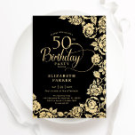 Elegant 50:e födelsedag Svarta Guld Ro Inbjudningar<br><div class="desc">Svarta guld-blommigten 50:e födelsedagsfest inbjudan. Elegantens utformning med ro,  faux guld-folie och typsnitt för typsnitt. Trendig inbjudan-kortets perfekt för en snyggt kvinnlig dag firande. Kan anpassas till vilken ålder som helst. Anpassa med dina egna detaljer. Skrivna Zazzle-inbjudningar eller digital utskrivbar mall för omedelbar nedladdning.</div>