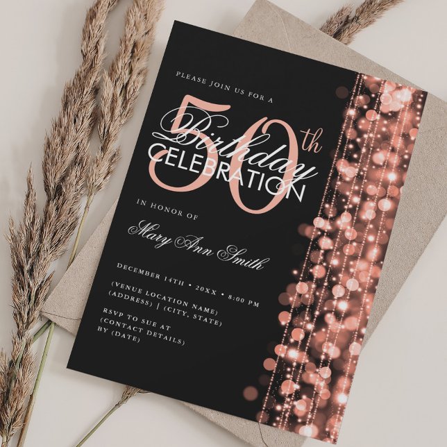 Elegant 50:e födelsedagen Glam Gnistra Ro Guld Bla Inbjudningar (Elegant 50th Birthday Glam Sparkle Rose Gold Black Invitation)