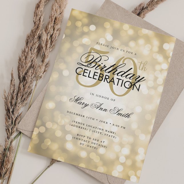 Elegant 50:e födelsedagen Glam Guld Shimmer Ljus Inbjudningar (Elegant 50th Birthday Glam Gold Shimmer Lights Invitation)