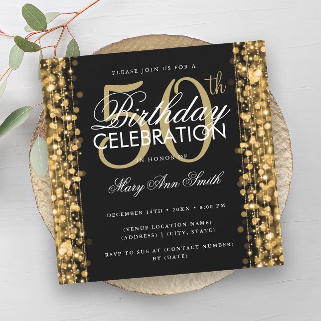 Elegant 50:e födelsedagen Glam Sparkles Guld & Bla Inbjudningar (Elegant 50th Birthday Glam Sparkles Gold & Black Invitation)