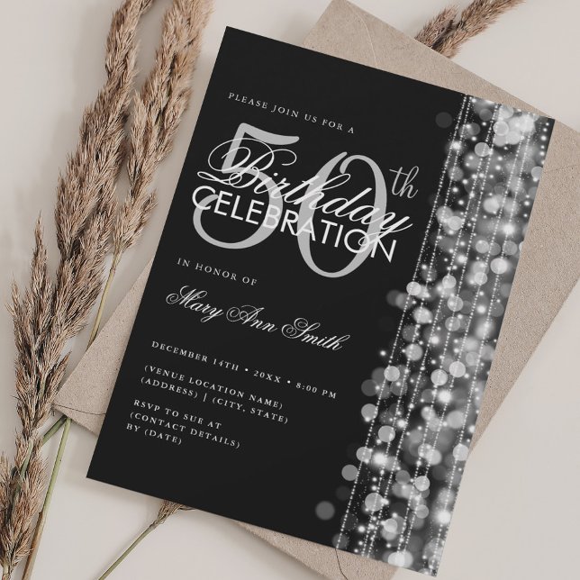 Elegant 50:e födelsedagen Glam Sparkles Silver & B Inbjudningar (Elegant 50th Birthday Glam Sparkles Silver & Black Invitation)
