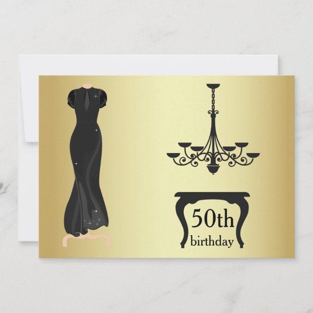 Elegant 50:e födelsedagen Guld och Svarta Inbjudan (Framsida)