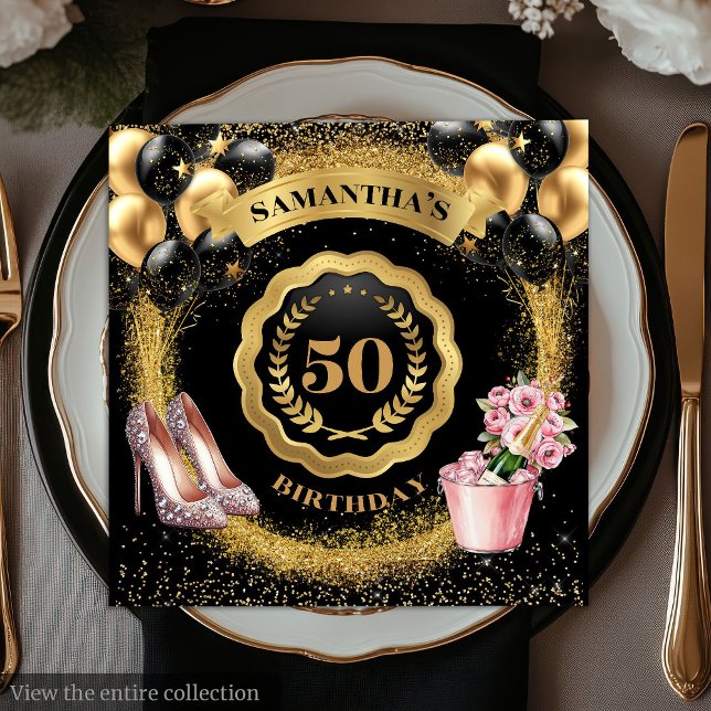 Elegant 50:e födelsedagen Napkins Guld Glitter Pappersservett (Elegant 50th Birthday Napkins Gold Glitter Balloons)