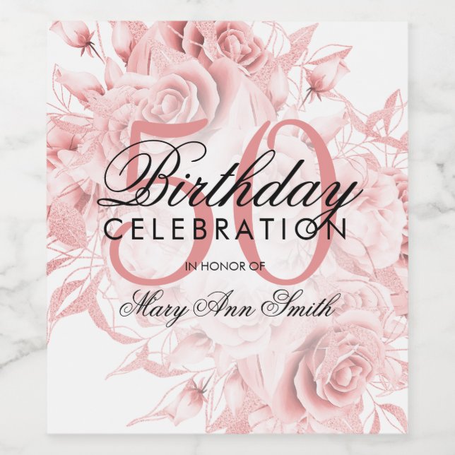 Elegant 50:e Födelsedagsfesten Blommigt Ro Guld Vinflaska Etikett (Singel etikett)