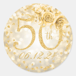 Elegant 50:e Födelsedagsfesten Glam Ljus Guld Runt Klistermärke