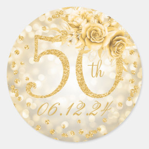 Elegant 50:e Födelsedagsfesten Glam Ljus Guld Runt Klistermärke