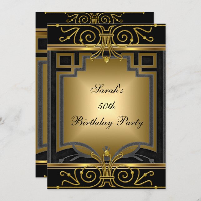 Elegant 50:e Födelsedagsfesten Guld Black Art Deco Inbjudningar (Fram/baksida)