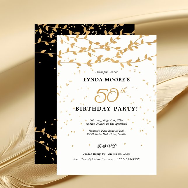 Elegant 50:e Födelsedagsfesten Guld Löv Inbjudningar (Elegant 50th Birthday Party Gold Leaves Invitation)