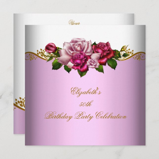 Elegant 50:e Födelsedagsfesten Guld Rosa ros Inbjudningar (Fram/baksida)