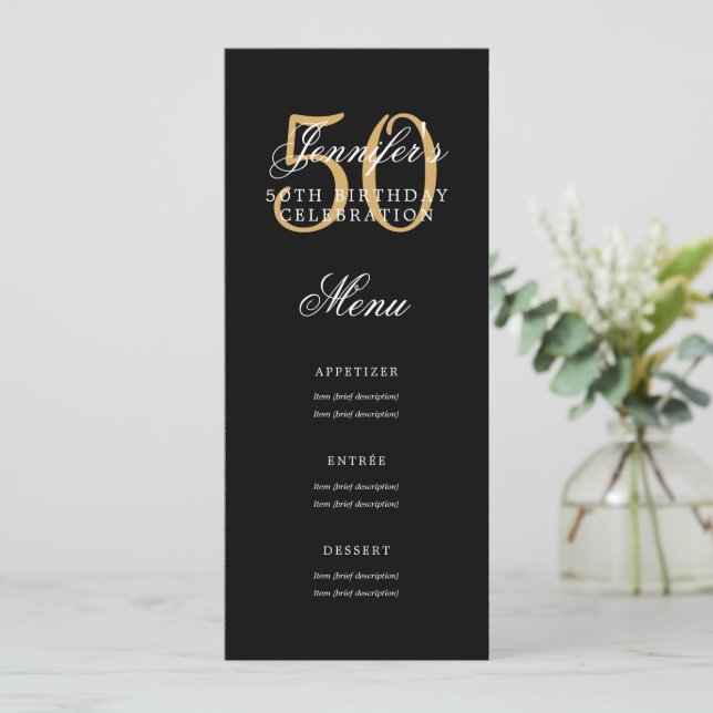 Elegant 50:e Födelsedagsfesten Menu Guld Black Inbjudningar (Stående Fram)