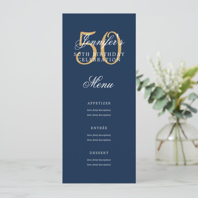 Elegant 50:e Födelsedagsfesten Menu Guld marinblåt Inbjudningar (Stående Fram)