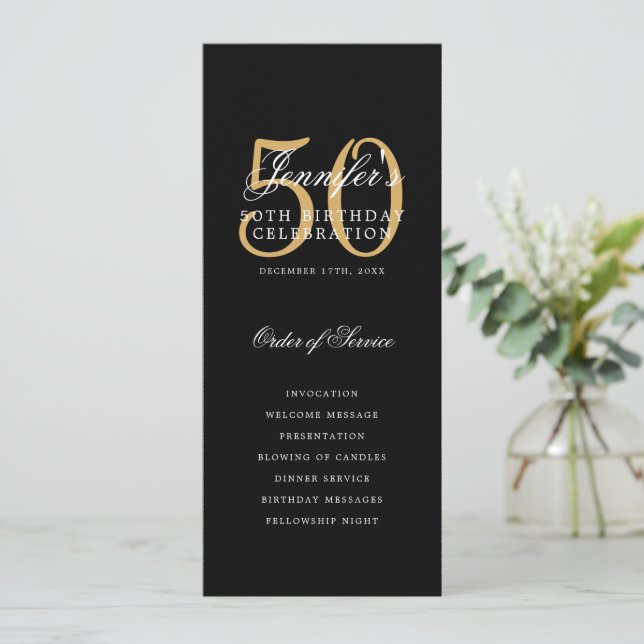 Elegant 50:e Födelsedagsfesten Program Black Guld (Stående Fram)