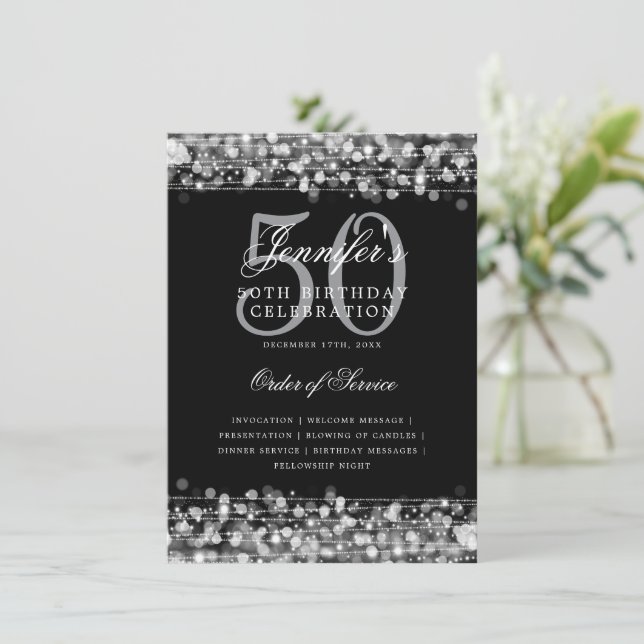 Elegant 50:e Födelsedagsfesten Program Silver w/ M (Stående Fram)