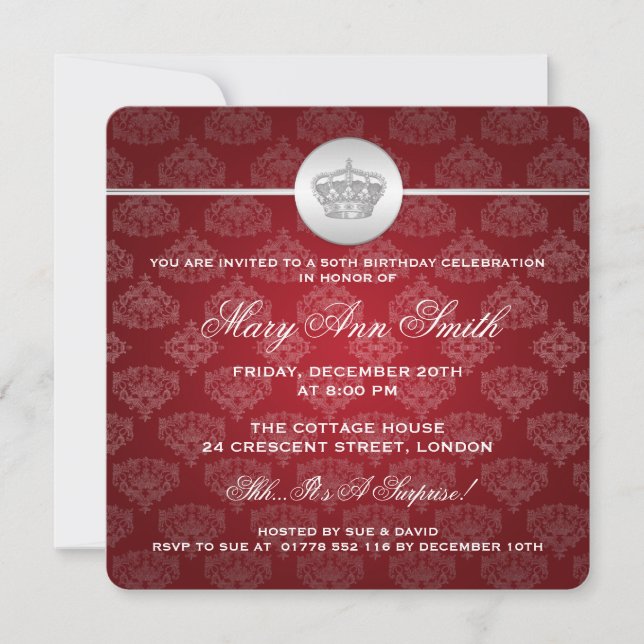 Elegant 50:e Födelsedagsfesten Royal Krona Red Inbjudningar (Framsida)