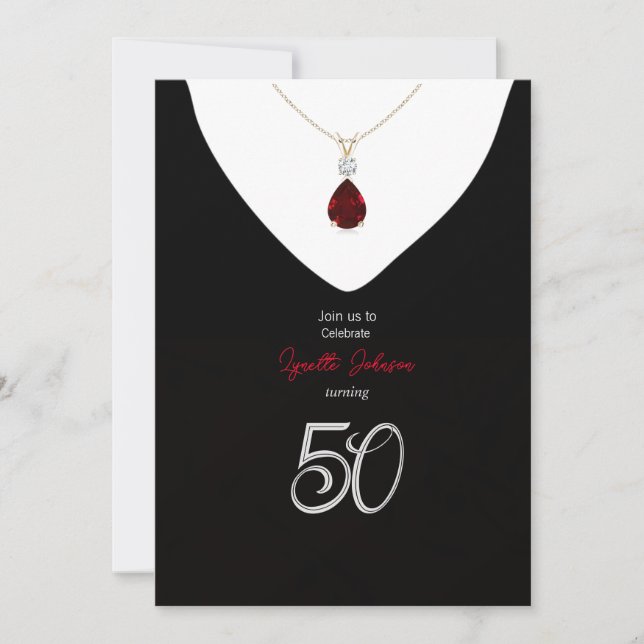 Elegant 50:e Födelsedagsfesten Ruby Red Necklace Inbjudningar (Framsida)