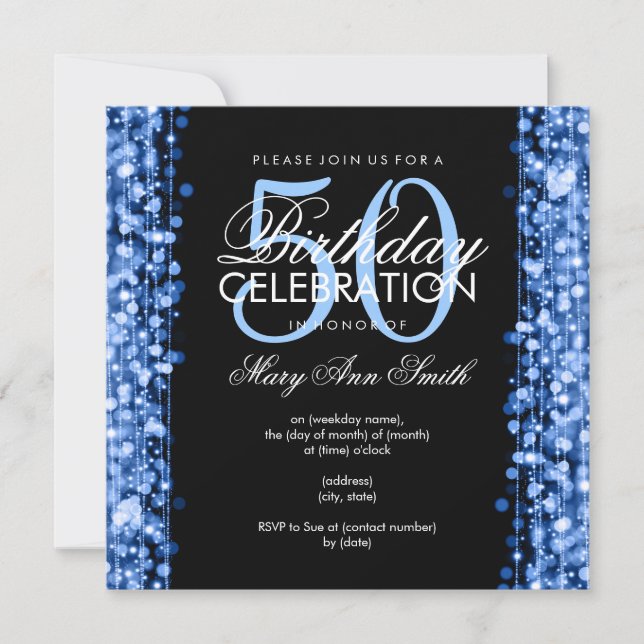 Elegant 50:e Födelsedagsfesten Sparkles Blue Inbjudningar (Framsida)
