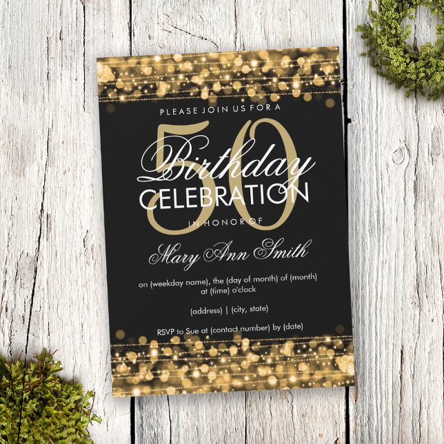 Elegant 50:e Födelsedagsfesten Sparkles Guld Inbjudningar (Skapare uppladdad)