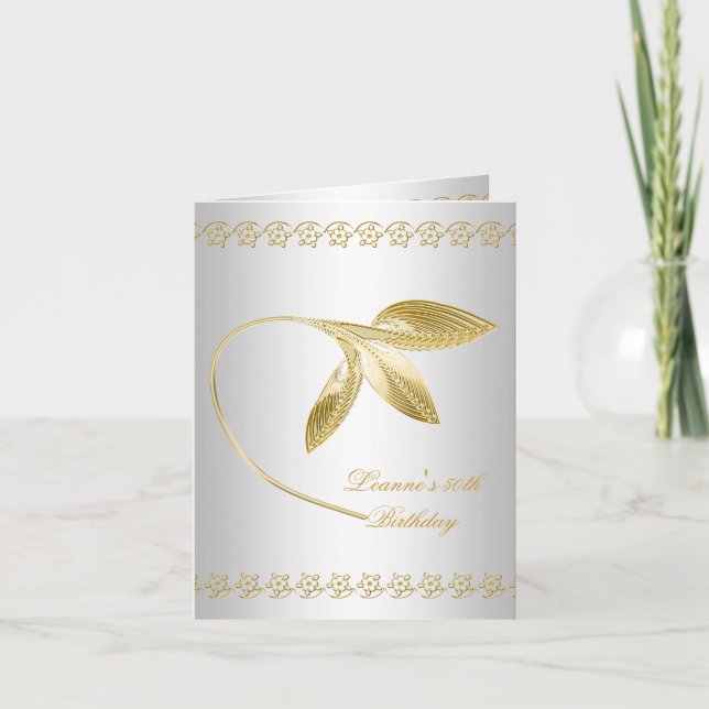 Elegant 50:e Födelsedagsfesten Vita Guld-Blommigte Inbjudan (Framsida)