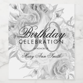 Elegant 50:e Födelsedagsfestens Blommigt Silver Wh Vinflaska Etikett