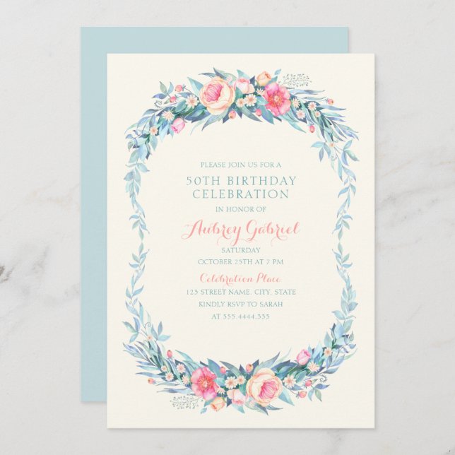 Elegant 50:e Födelsedagsfestens Blommigt vattenfär Inbjudningar (Fram/baksida)