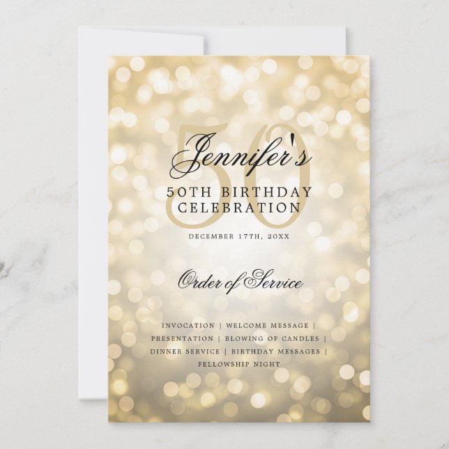 Elegant 50:e födelsedagsprogrammet Guld Bokeh w/ M Inbjudningar (Framsida)