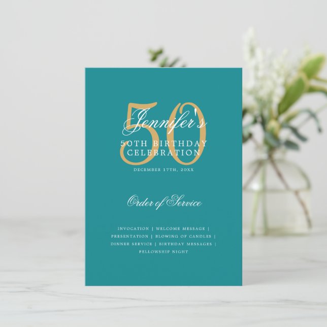 Elegant 50:e födelsedagsprogrammet Guld Teal Menu Inbjudningar (Stående Fram)