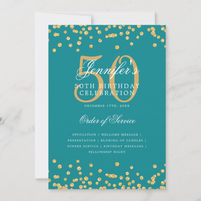 Elegant 50:e födelsedagsprogrammet Menu Guld Teal Inbjudningar (Framsida)