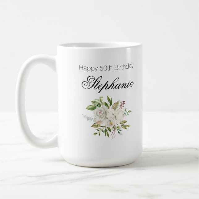 Elegant 50:e födelsedagsskript för vit Blommigt Kaffemugg (Vänster)