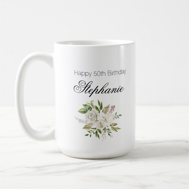 Elegant 50:e födelsedagsvit Blommigt Kaffemugg (Vänster)