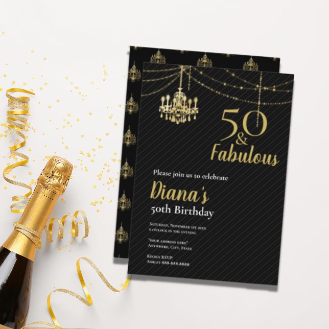 Elegant 50 & Fab 50:e födelsedagen Golden Chandeli Inbjudningar (Skapare uppladdad)