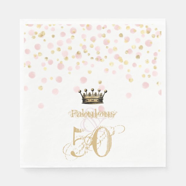 Elegant 50 & Fabulous Birthday Krona Guld Rosa Pappersservett (Framsidan)