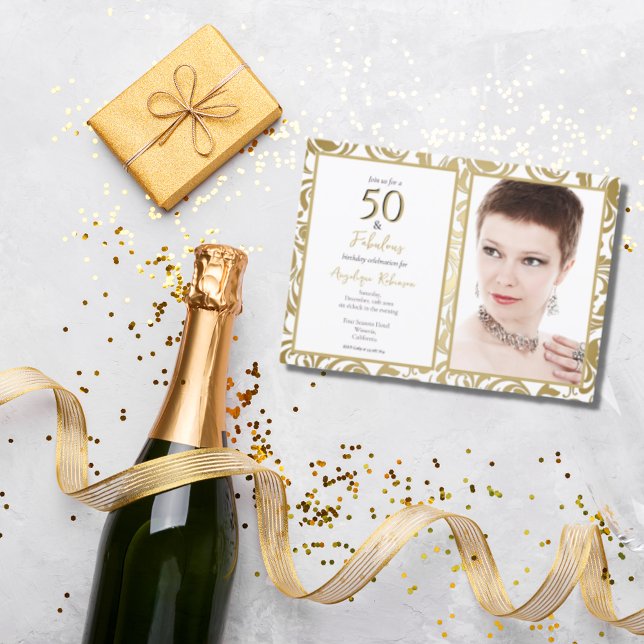 Elegant 50 & Fabulous Decorative Guld Löv Party Inbjudningar (Skapare uppladdad)