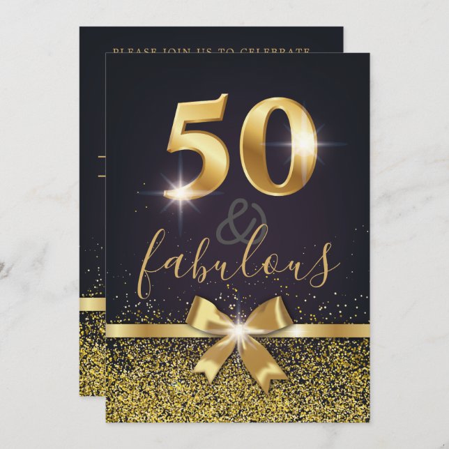 Elegant 50 & Fabulous Guld Glitter 50:e födelsedag Inbjudningar (Fram/baksida)
