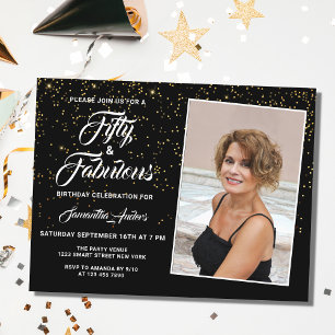 Elegant 50 och Fabulous Black Guld Glitter Photo Inbjudan Vykort